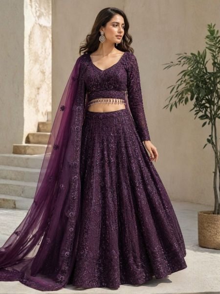 Royal Purple Kasturi Silk Lehenga Choli with Front Back Sequin Embroidered Blouse For Bridal   Lehenga
