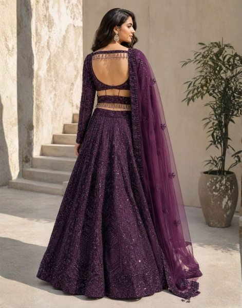 Royal Purple Kasturi Silk Lehenga Choli with Front Back Sequin Embroidered Blouse For Bridal  Designer Lehenga Choli