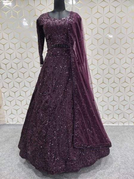 Royal Purple Kasturi Silk Lehenga Choli with Front Back Sequin Embroidered Blouse For Bridal  Designer Lehenga Choli