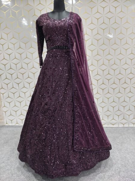 Royal Purple Kasturi Silk Lehenga Choli with Front Back Sequin Embroidered Blouse For Bridal  Designer Lehenga Choli