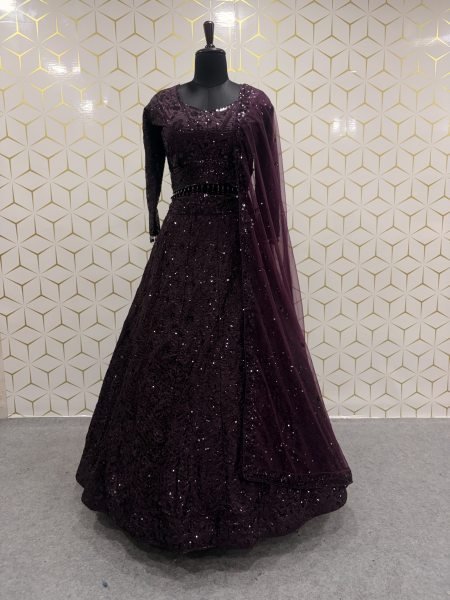 Royal Purple Kasturi Silk Lehenga Choli with Front Back Sequin Embroidered Blouse For Bridal  Designer Lehenga Choli