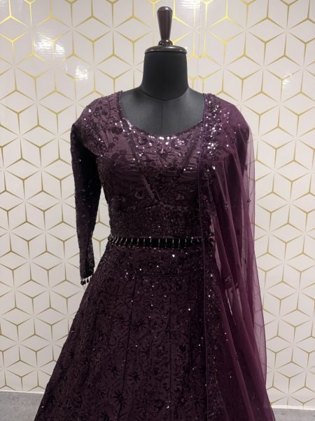 Royal Purple Kasturi Silk Lehenga Choli with Front Back Sequin Embroidered Blouse For Bridal  Designer Lehenga Choli