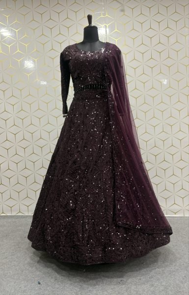 Royal Purple Kasturi Silk Lehenga Choli with Front Back Sequin Embroidered Blouse For Bridal  Designer Lehenga Choli
