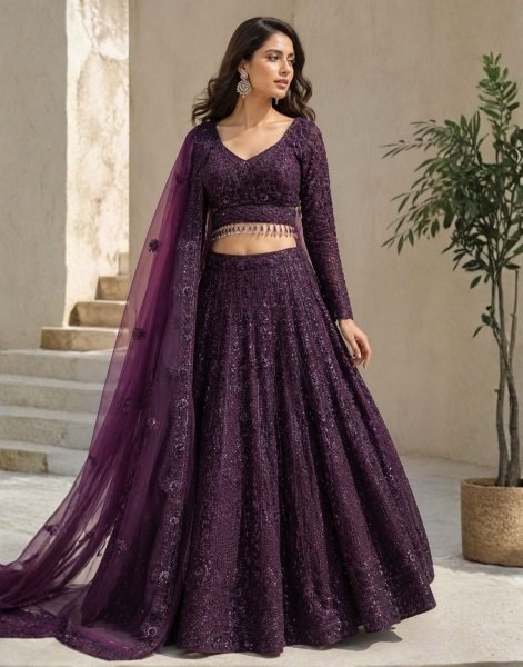 Royal Purple Kasturi Silk Lehenga Choli with Front Back Sequin Embroidered Blouse For Bridal  Designer Lehenga Choli