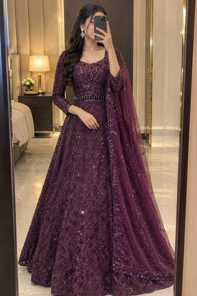Royal Purple Kasturi Silk Lehenga Choli with Front Back Sequin Embroidered Blouse For Bridal  Designer Lehenga Choli