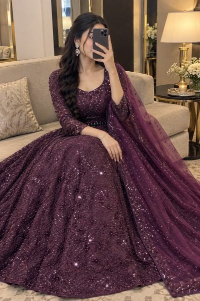 Royal Purple Kasturi Silk Lehenga Choli with Front Back Sequin Embroidered Blouse For Bridal  Designer Lehenga Choli