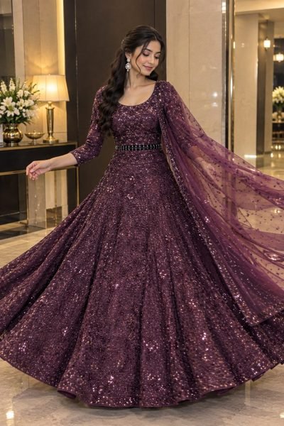 Royal Purple Kasturi Silk Lehenga Choli with Front Back Sequin Embroidered Blouse For Bridal  Designer Lehenga Choli