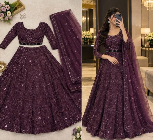 Royal Purple Kasturi Silk Lehenga Choli with Front Back Sequin Embroidered Blouse For Bridal  Designer Lehenga Choli