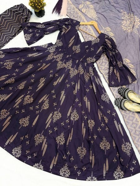 Royal Purple Maslin Cotton Digital Print Anarkali Suit with Chiffon Dupatta  Ready To Wear Collection