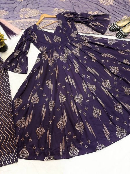 Royal Purple Maslin Cotton Digital Print Anarkali Suit with Chiffon Dupatta  Ready To Wear Collection