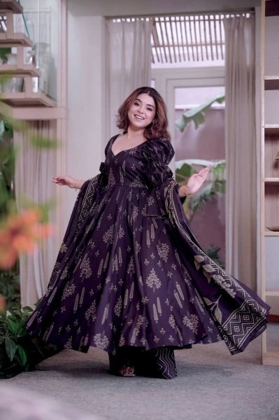 Royal Purple Maslin Cotton Digital Print Anarkali Suit with Chiffon Dupatta  Ready To Wear Collection