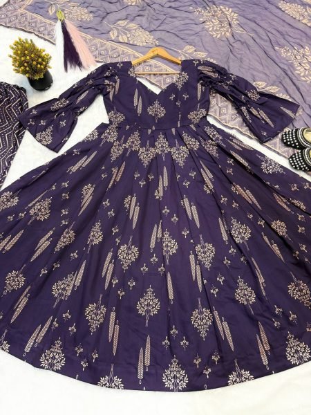 Royal Purple Maslin Cotton Digital Print Anarkali Suit with Chiffon Dupatta  Ready To Wear Collection