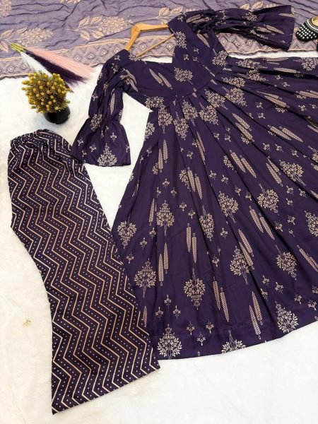Royal Purple Maslin Cotton Digital Print Anarkali Suit with Chiffon Dupatta  Ready To Wear Collection