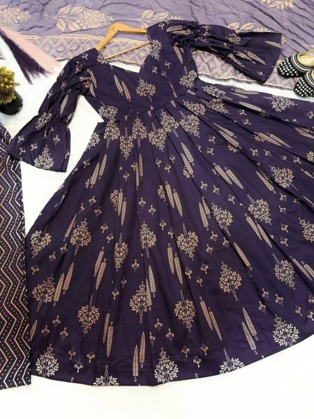 Royal Purple Maslin Cotton Digital Print Anarkali Suit with Chiffon Dupatta  Ready To Wear Collection