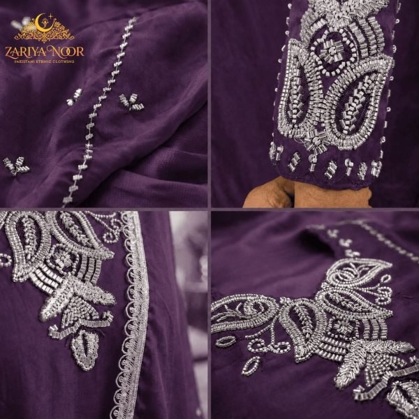 Royal Purple Pakistani Satin Roman Silk Suit with Heavy Beads Work Pakistani Suits Wholesale