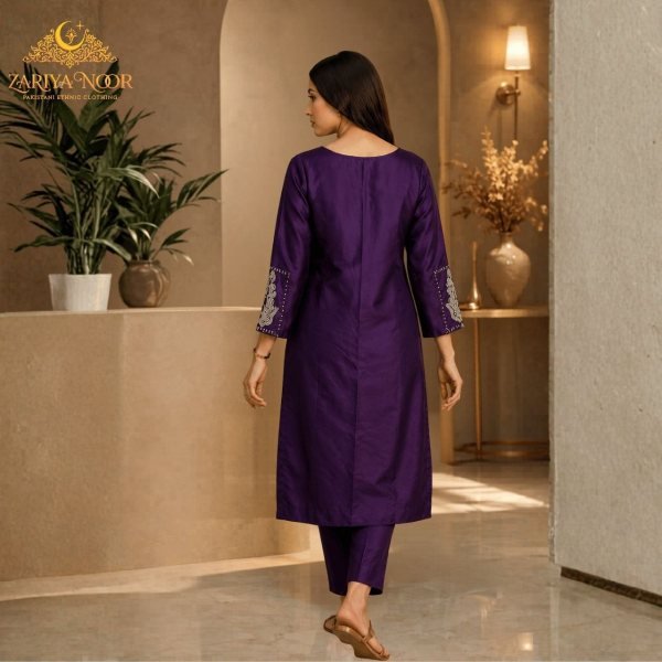 Royal Purple Pakistani Satin Roman Silk Suit with Heavy Beads Work Pakistani Suits Wholesale