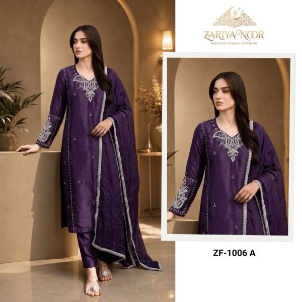 Royal Purple Pakistani Satin Roman Silk Suit with Heavy Beads Work Pakistani Suits Wholesale