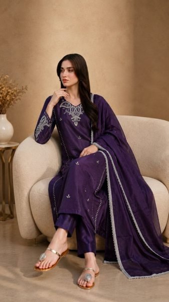 Royal Purple Pakistani Satin Roman Silk Suit with Heavy Beads Work Pakistani Suits Wholesale