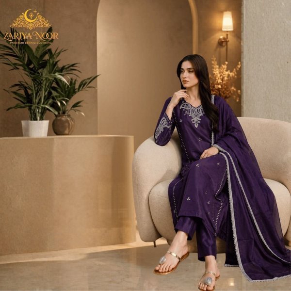 Royal Purple Pakistani Satin Roman Silk Suit with Heavy Beads Work Pakistani Suits Wholesale