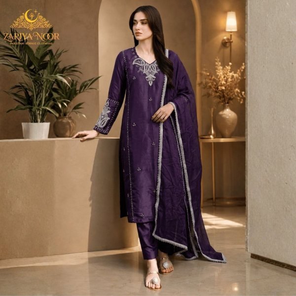 Royal Purple Pakistani Satin Roman Silk Suit with Heavy Beads Work Pakistani Suits Wholesale