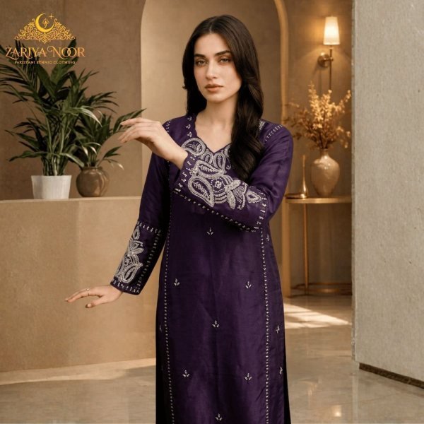 Royal Purple Pakistani Satin Roman Silk Suit with Heavy Beads Work Pakistani Suits Wholesale