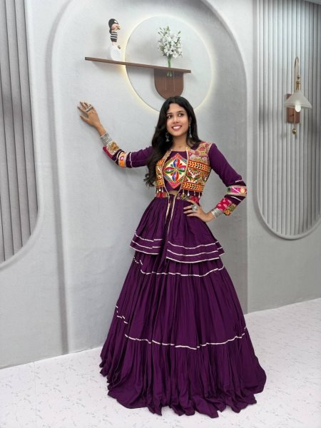 Royal Purple Pure Cotton Navratri Lehenga Choli with Gamthi Mirror Lace and Matching Koti  Lehenga