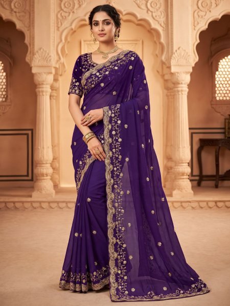 Royal Purple Pure Fandy Satin Silk Saree with Real Cut Dana Handwork At Manufacturer 