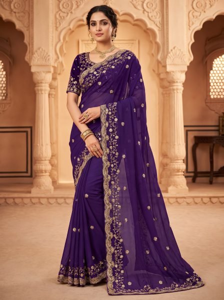 Royal Purple Pure Fandy Satin Silk Saree with Real Cut Dana Handwork At Manufacturer  Silk Sarees Wholesale
