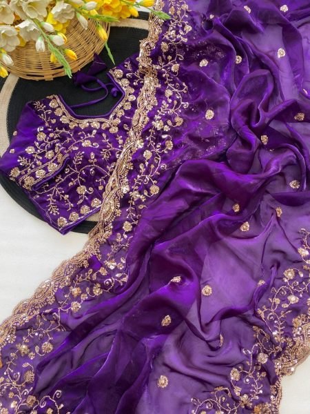 Royal Purple Pure Fandy Satin Silk Saree with Real Cut Dana Handwork At Manufacturer  Silk Sarees Wholesale