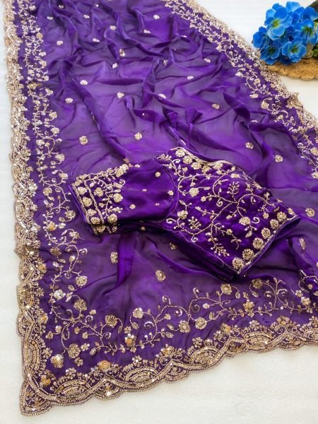 Royal Purple Pure Fandy Satin Silk Saree with Real Cut Dana Handwork At Manufacturer  Silk Sarees Wholesale