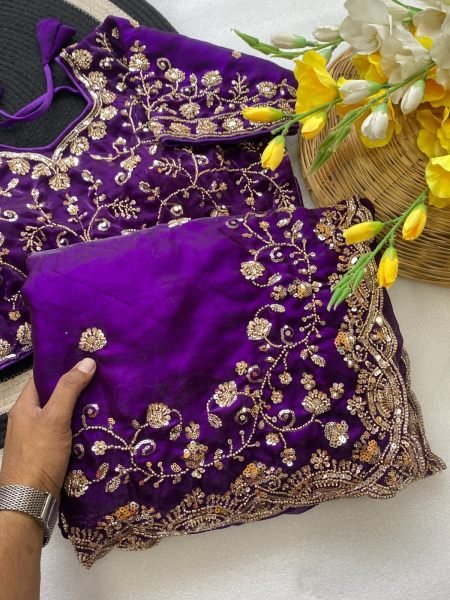 Royal Purple Pure Fandy Satin Silk Saree with Real Cut Dana Handwork At Manufacturer  Silk Sarees Wholesale