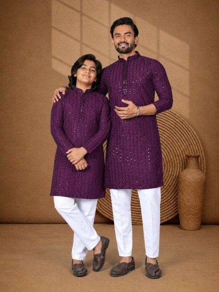 Royal Purple Rayon Chikankari Sequence Work Kurta Pajama Set for Festive Wear Mens Wear