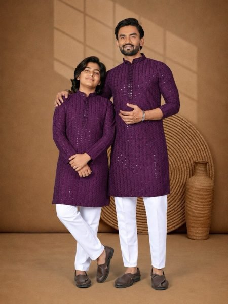 Royal Purple Rayon Chikankari Sequence Work Kurta Pajama Set for Festive Wear Father Son Collection 