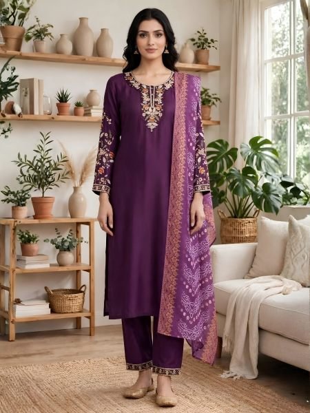 Royal Purple Rayon Slub Embroidery Top Bottom Set with Digital Print Dupatta Kurtis