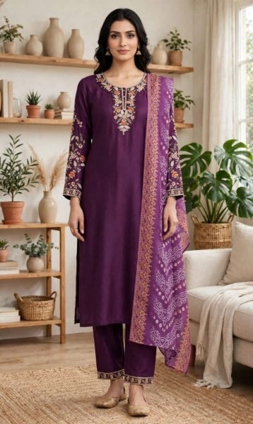 Royal Purple Rayon Slub Embroidery Top Bottom Set with Digital Print Dupatta Embroidery Kurtis 
