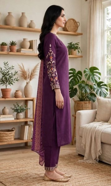 Royal Purple Rayon Slub Embroidery Top Bottom Set with Digital Print Dupatta Embroidery Kurtis 