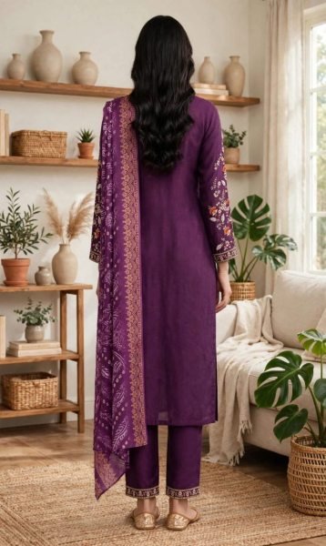 Royal Purple Rayon Slub Embroidery Top Bottom Set with Digital Print Dupatta Embroidery Kurtis 