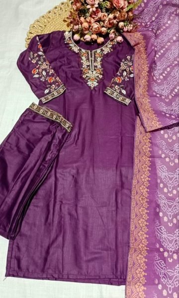 Royal Purple Rayon Slub Embroidery Top Bottom Set with Digital Print Dupatta Embroidery Kurtis 