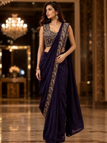 Royal Purple Ready to Wear Chinnon Saree with Beads and Embroidery Work Blouse Sarees 
