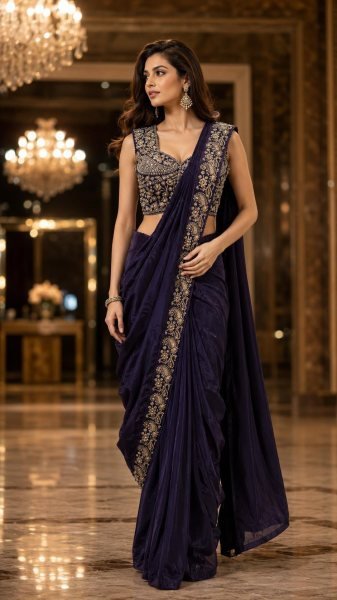 Royal Purple Ready to Wear Chinnon Saree with Beads and Embroidery Work Blouse Designer Wedding Sarees Wholesale