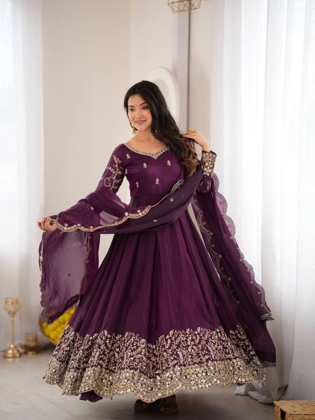 Royal Purple Ready-to-Wear Fendy Silk Gown with Matching Pant and Embroidered Dupatta 