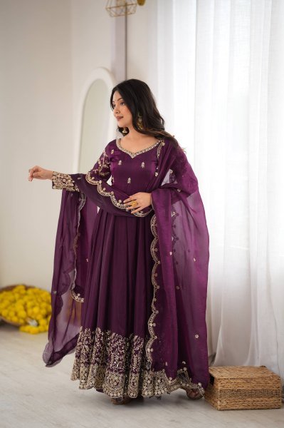 Royal Purple Ready-to-Wear Fendy Silk Gown with Matching Pant and Embroidered Dupatta Ready To Wear Collection