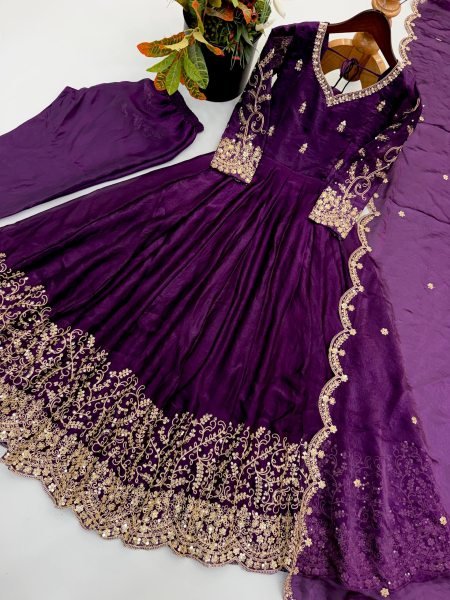 Royal Purple Ready-to-Wear Fendy Silk Gown with Matching Pant and Embroidered Dupatta Ready To Wear Collection