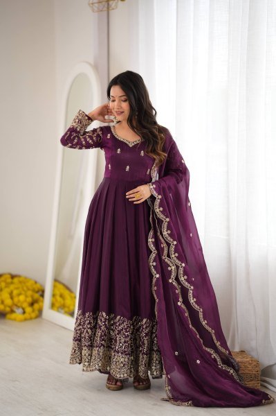 Royal Purple Ready-to-Wear Fendy Silk Gown with Matching Pant and Embroidered Dupatta Ready To Wear Collection