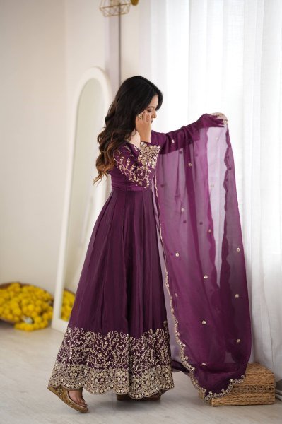 Royal Purple Ready-to-Wear Fendy Silk Gown with Matching Pant and Embroidered Dupatta Ready To Wear Collection