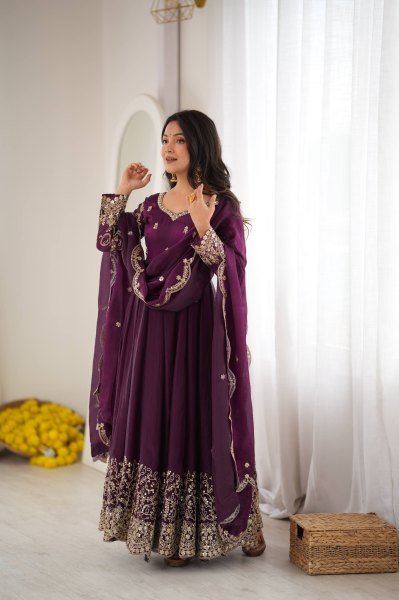 Royal Purple Ready-to-Wear Fendy Silk Gown with Matching Pant and Embroidered Dupatta Ready To Wear Collection