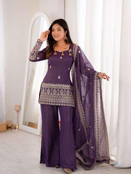 Royal Purple Ready to Wear Lavender Crunchy Silk Embroidered Kurti with Dupatta Kurtis