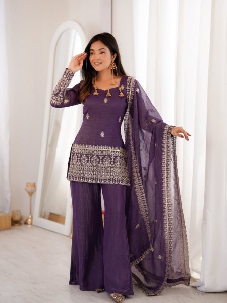 Royal Purple Ready to Wear Lavender Crunchy Silk Embroidered Kurti with Dupatta 3 Piece Kurti Set