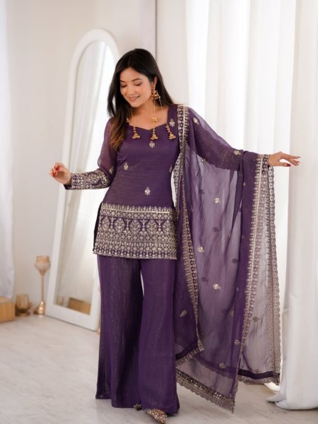 Royal Purple Ready to Wear Lavender Crunchy Silk Embroidered Kurti with Dupatta 3 Piece Kurti Set