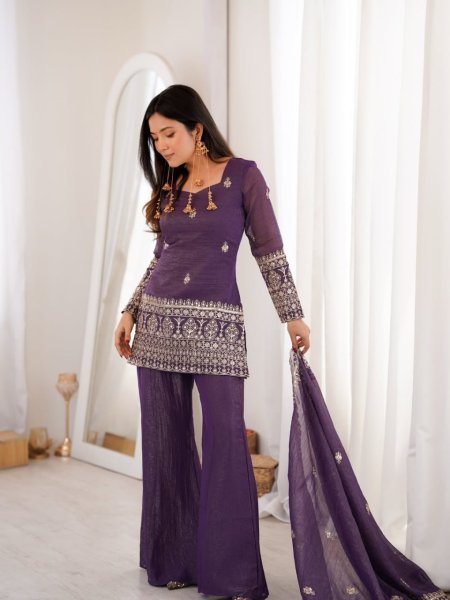 Royal Purple Ready to Wear Lavender Crunchy Silk Embroidered Kurti with Dupatta 3 Piece Kurti Set